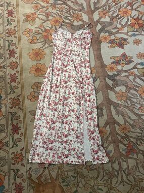 Vintage White Maxi Dress with Pink Floral Print